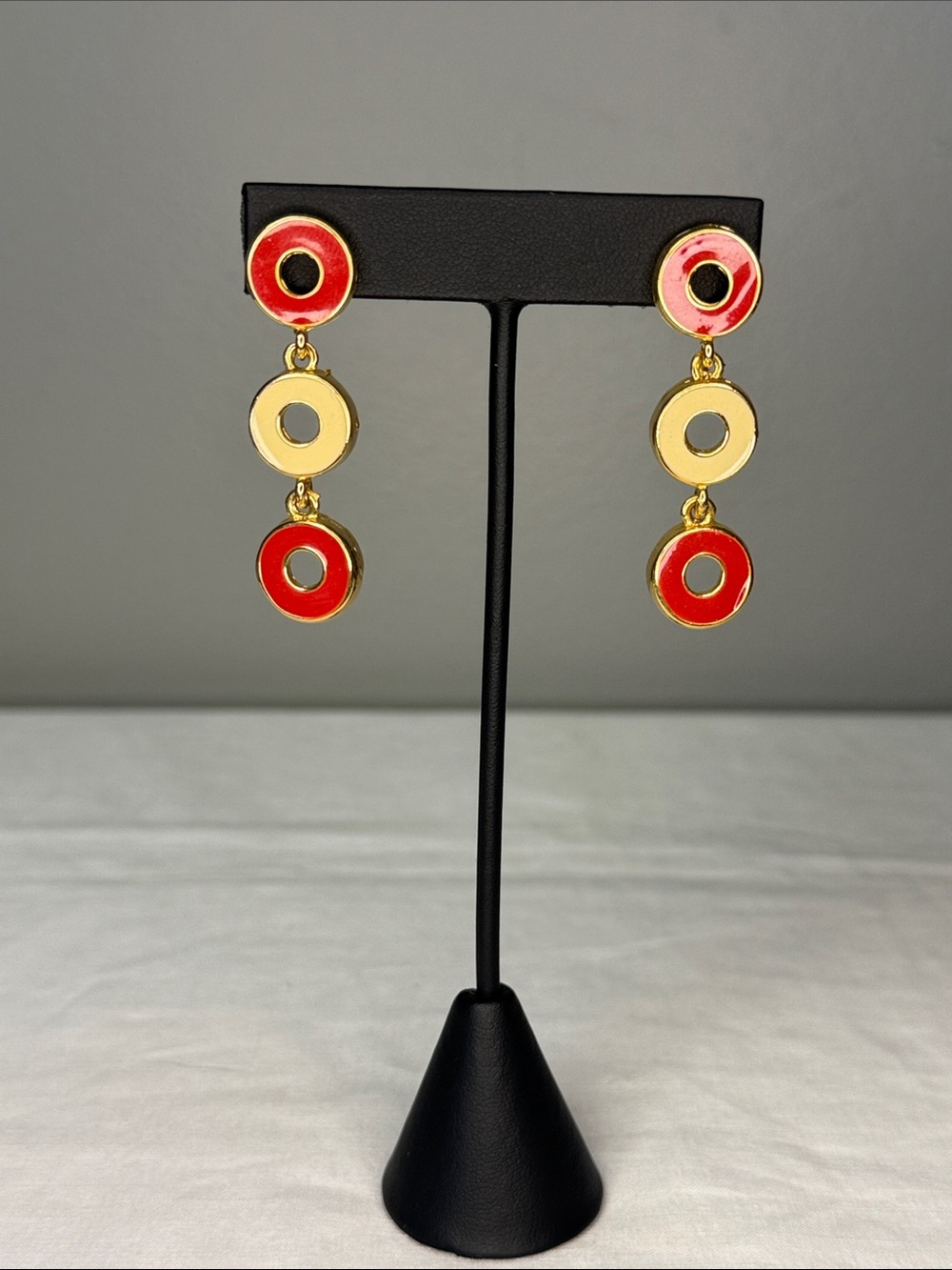 Vintage Red & Gold Tone Geometric Circle Drop Earrings – 2"